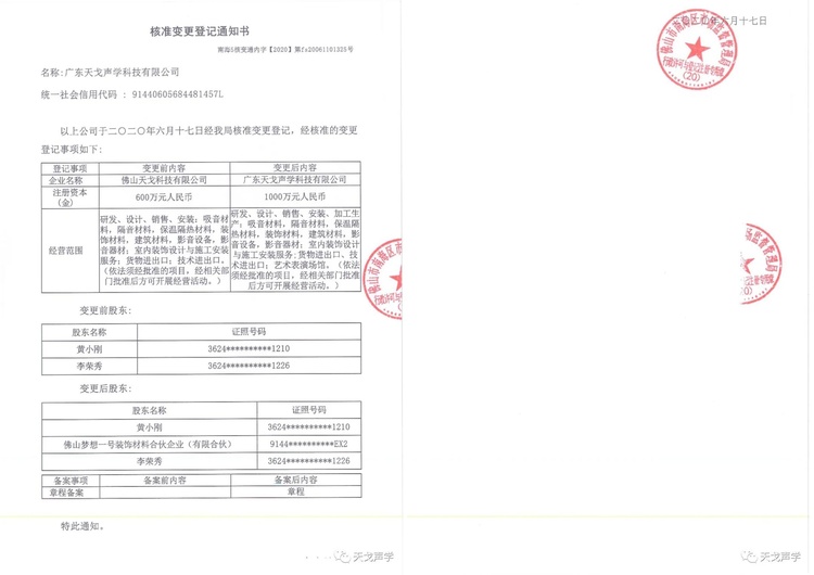 核準變更登記通知書